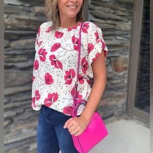 Cabi Boxy Top Ivory Pink Floral Blouse